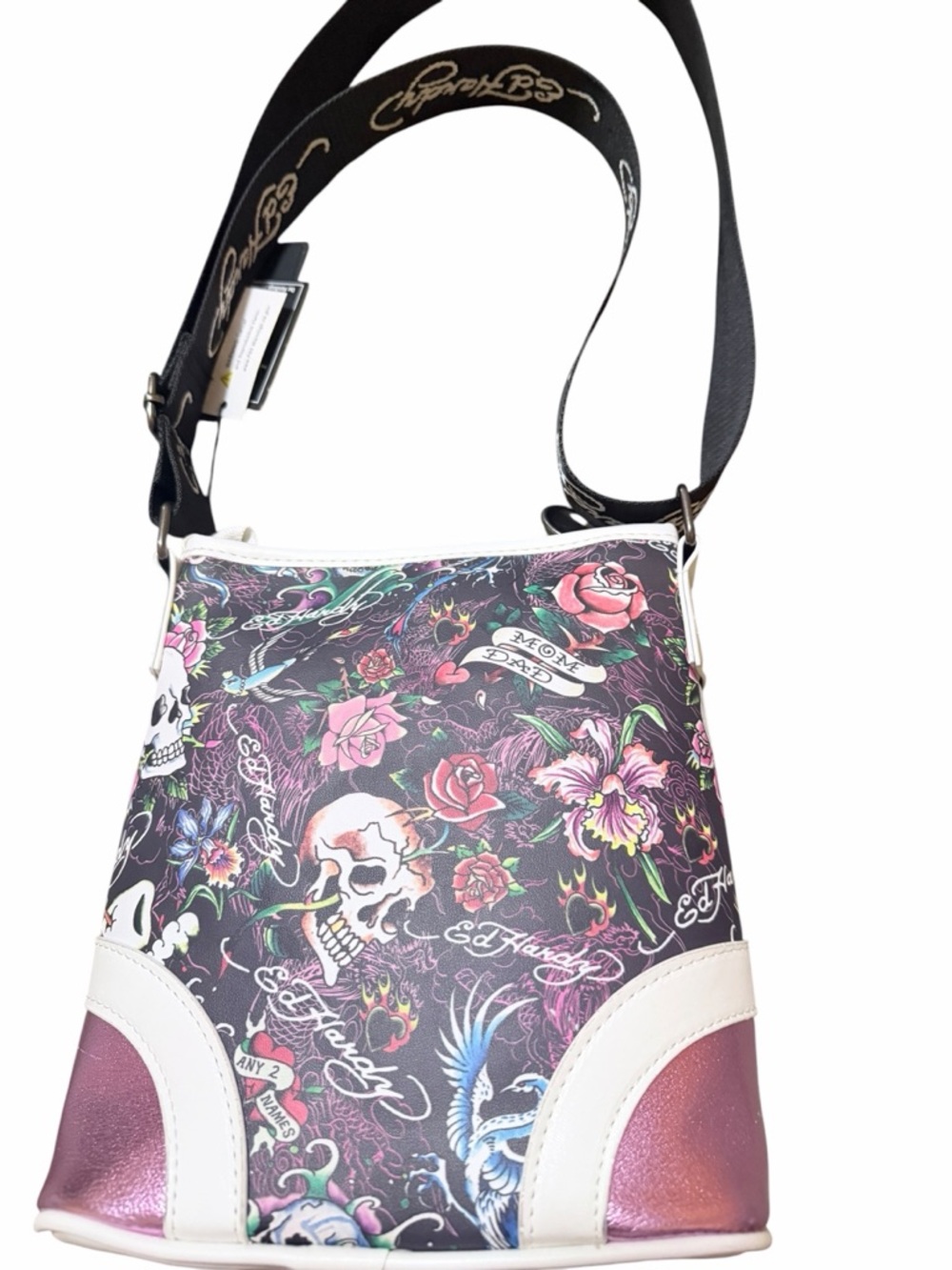 🌼💚NWT Ed Hardy Women's Slim Skull & Roses Crossbody Bag - Black & Pink - Picture 8 of 10